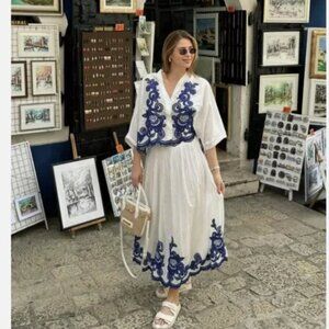 Zara embroidered midi skirt blue white